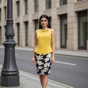 HOMEYEE YELLOW/BLUE FLORAL PENCIL DRESS